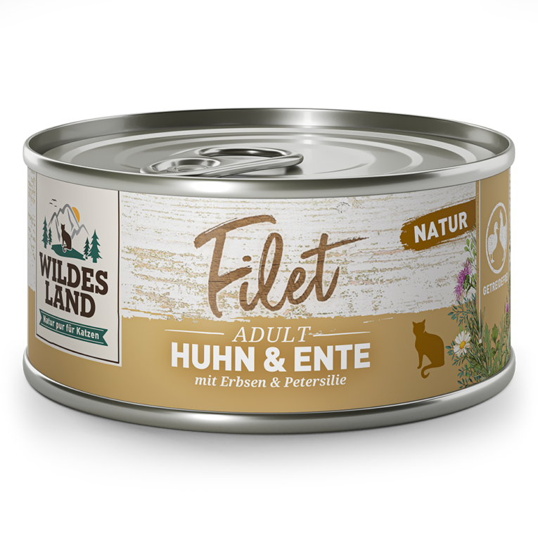Wildes Land Filet Huhn & Ente mit Erbsen & Petersilie Ergänzungsfuttermittel für Katzen Verwöhne Deine Katze mit purer Vielfalt im Napf! Unsere hochwertigen Wildes Land Filet Nassfutter bietet jedem Feinschmecker unter den Samtpfoten ein exquisites Geschmackserlebnis. Das Filet Huhn & Ente mit Erbsen und Petersilie enthält naturbelassenes Hühnerbrustfilet und feines Entenbrustfilet
