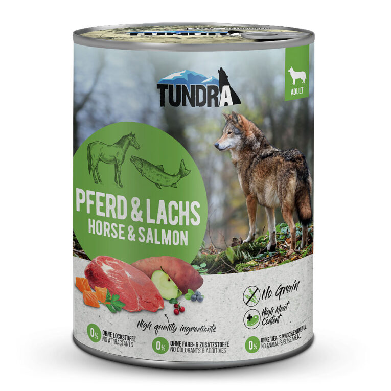 Tundra - Nassfutter - Pferd & Lachs Dieses Tundra Nassfutter ernährt Ihren Hund besonders naturgetreu. Bei der Rezeptur wurde streng darauf geachtet