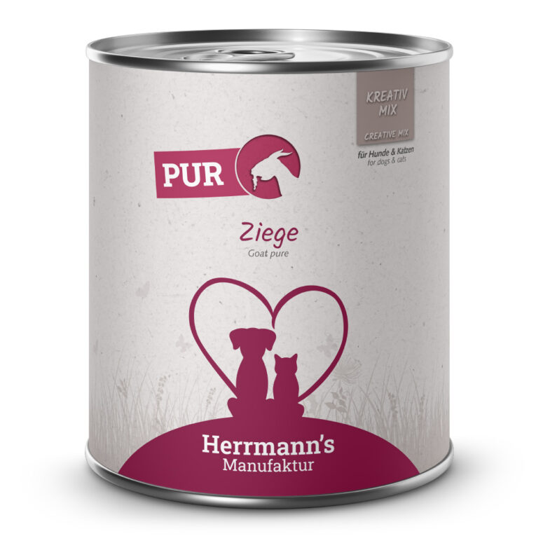 Herrmann’s Kreativ-Mix Ziege Reinfleisch Mit unserer Pur-Linie beim KREATIV-MIX setzen wir auf 100 Prozent reinstes Fleisch – immer bestehend aus Muskelfleisch und Innereien. Verwöhnen Sie Ihren Hund mit unserem hochwertigen BARF-Futter aus Ziegenfleisch. Ohne künstliche Zusätze und Farbstoffe versorgt es ihren Vierbeiner mit allen wichtigen Nährstoffen für ein glückliches und gesundes Leben. Durch das ausgeklügelte Sortiment unseres Kreativ-Mixes für Hunde und Katzen können Sie die Ernährung Ihres Fellfreundes selbst zusammenstellen und somit die beste Basis für seine Gesundheit schaffen. Und das Beste daran ist: Sie können auch selbst kreativ werden und unser Futter mit hausgemachten Leckerbissen ergänzen! Geben Sie Ihrem Hund eine Ernährung