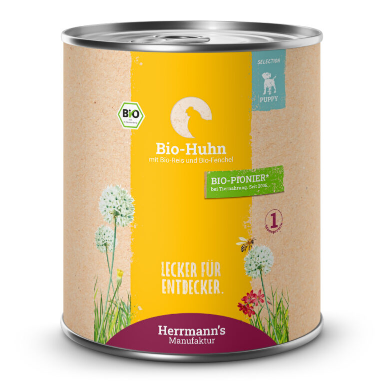 Herrmann's Selection Puppy Bio Huhn mit Reis und Fenchel Was ist drin ? 60 % Bio-Huhn