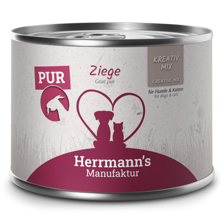 Herrmann’s Kreativ-Mix Ziege Reinfleisch Mit unserer Pur-Linie beim KREATIV-MIX setzen wir auf 100 Prozent reinstes Fleisch – immer bestehend aus Muskelfleisch und Innereien. Verwöhnen Sie Ihren Hund mit unserem hochwertigen BARF-Futter aus Ziegenfleisch. Ohne künstliche Zusätze und Farbstoffe versorgt es ihren Vierbeiner mit allen wichtigen Nährstoffen für ein glückliches und gesundes Leben. Durch das ausgeklügelte Sortiment unseres Kreativ-Mixes für Hunde und Katzen können Sie die Ernährung Ihres Fellfreundes selbst zusammenstellen und somit die beste Basis für seine Gesundheit schaffen. Und das Beste daran ist: Sie können auch selbst kreativ werden und unser Futter mit hausgemachten Leckerbissen ergänzen! Geben Sie Ihrem Hund eine Ernährung