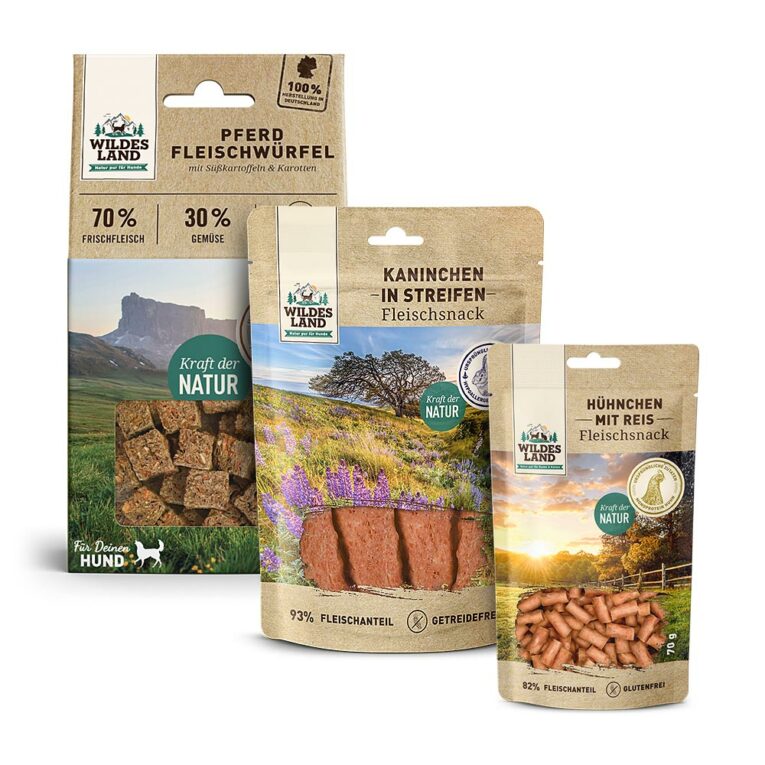Wildes Land Snack Probierpaket Hund - jetzt sichern! Snack 1: Fleischwürfel Pferd 100g Entdecken Sie die leckeren Fleischwürfel Pferd von Land und belohnen Sie Ihren Hund mit einem besonderen Leckerli. Die Fleischwürfel in der Sorte Pferd von Wildes Land enthalten besonders viel frisches Pferdefleisch und gutes Gemüse. Karotten