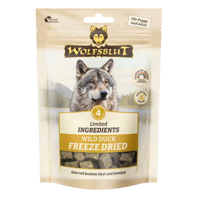 WOLFSBLUT Limited INGREDIENTS WILD DUCK FREEZE DRIED SNACK WOLFSBLUT Limited INGREDIENTS FREEZE DRIED SNACK: Begrenzt auf 4 Zutaten für ernährungssensitive Hunde - und auch für alle anderen! Willkommen in der Welt von WOLFSBLUT WILD DUCK Limited INGREDIENTS FREEZE DRIED SNACK – dem Snack