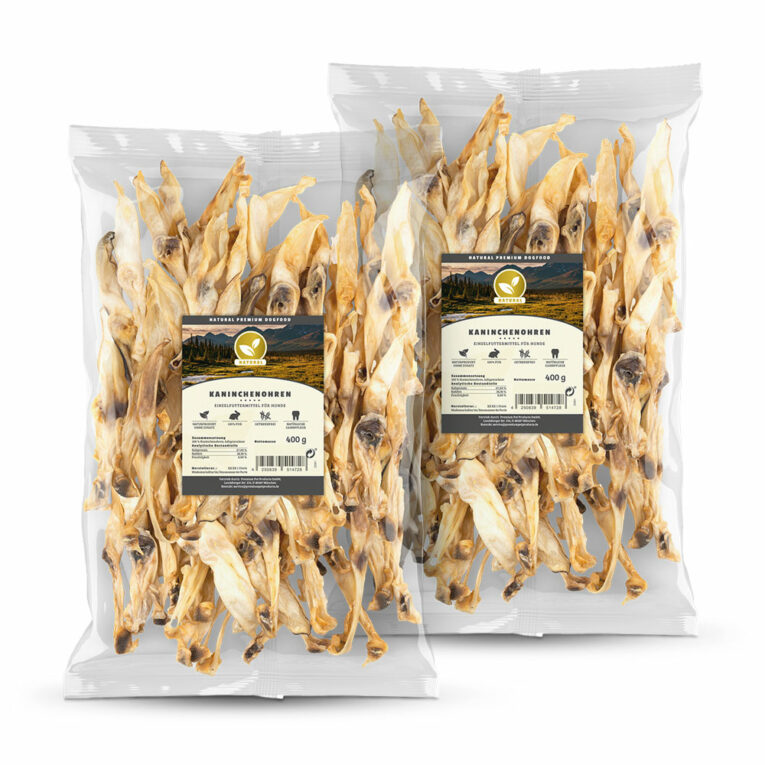 Natural - Kausnack - Kaninchenohren Kaninchenohren sind ein naturbelassener und fettarmer Kausnack aus 100% Kaninchenfleisch. Bei der sanften Trocknung der Ohren werden keinerlei Konservierungsstoffe hinzugefügt
