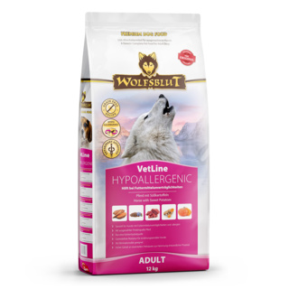 HYPOALLERGENIC Bei Futtermittelallergien und -unverträglichkeiten WOLFSBLUT VetLine HYPOALLERGENIC ist ein Diät-Alleinfuttermittel für ausgewachsene Hunde zur Minderung von Ausgangserzeugnis- und Nährstoffintoleranzerscheinungen in Verbindung mit chronischem Juckreiz