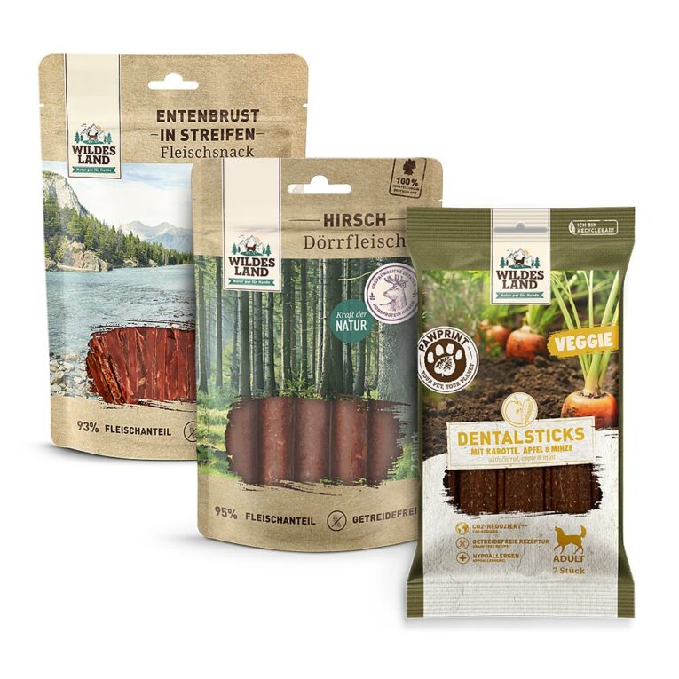 Wildes Land Snack Probierpaket Hund - jetzt sichern! Snack 1: Entenbrust in Streifen 200g Snacks und kleine Belohnungen zwischendurch gehören für Sie und Ihren Liebling einfach dazu - deshalb ist es umso wichtiger