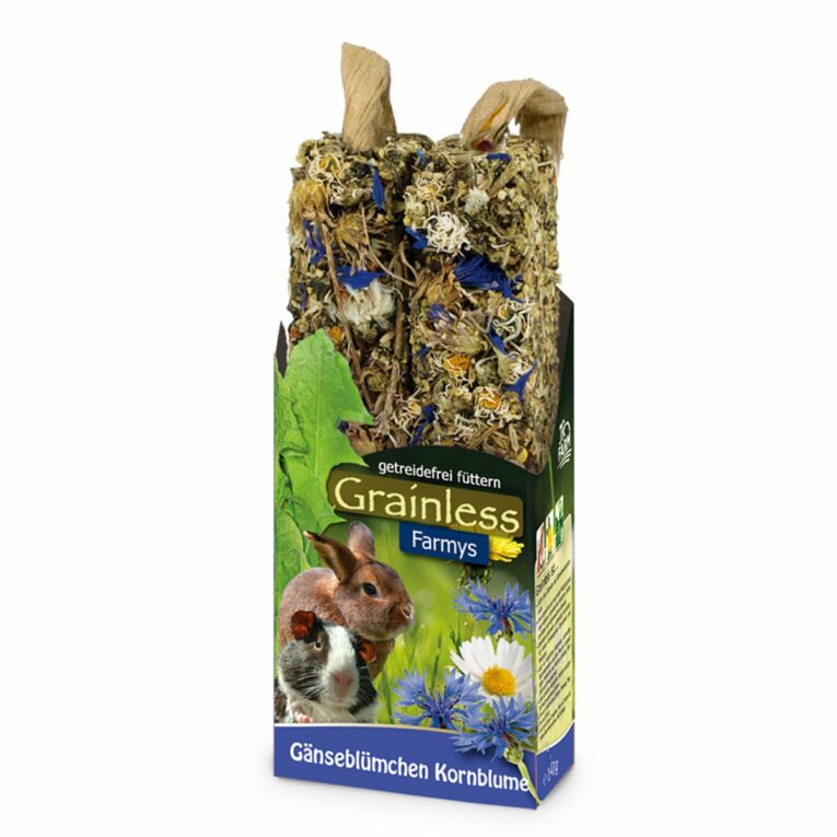 Getreidefreie Snacks für Nager ohne zuckerreiche Zutaten. Das sind die JR Farm Grainless Farbmys mit Gänseblümchen und Kornblume.