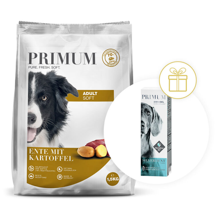 PRIMUM - Trockenfutter - Soft Das schmackhafte Trockenfutter Soft von PRIMUM wird mit extra viel Frischfleisch langsam und schonend verarbeitet. Durch das bewährte Herstellungsverfahren werden alle Nährstoffe optimal zur Verfügung gestellt. Das besonders saftige Trockenfutter enthält besonders viel Feuchtigkeit. Dadurch sind die Kroketten weich und außergewöhnlich geschmacksintensiv. Die Rezeptur von PRIMUM Soft Hundefutter basiert je Sorte auf nur einer tierischen Proteinquelle und verzichtet vollständig auf Getreide. So ist das Trockenfutter auch ideal für Hunde mit Futtermittelunverträglichkeiten und Allergien geeignet. Als hochqualitative Vollnahrung enthält das semi moist Hundefutter alle wichtigen Nährstoffe und Vitamine und ist somit ideal für eine ganzheitliche und bewusste Hundeernährung. Mit feinem Fleisch