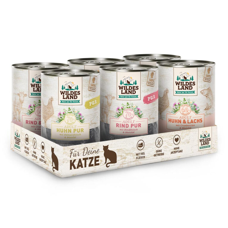 Wildes Land - Nassfutter - Probe-Paket für Katzen   Das Wildes Land Probe-Paket für Katzen beinhaltet folgende Futtersorten:       * 1 x Rind Pur mit Distelöl (getreidefrei)   * 1 x Huhn Pur mit Distelöl (getreidefrei)   * 1 x Huhn und Lachs mit Distelöl (getreidefrei)   * 1 x Rind und Pute mit Distelöl (getreidefrei)   * 1 x Kaninchen und Huhn mit Distelöl (getreidefrei)   * 1 x Ente und Pute mit Distelöl (getreidefrei)   Katzen benötigen eine ausgewogene Ernährung für ein optimales Wohlgefühl. Die Auswahl des richtigen Katzenfutters sollte dabei nach den natürlichen Ernährungsbedürfnissen der Katze erfolgen. Mit dem Wildes Land Probe-Paket erwerben Sie ein Futter für erwachsene Katzen und unterstützen die optimale Ernährung Ihres Tieres.   Die Nassfuttervariationen von Wildes Land sind schmackhafte und nährstoffreiche Mahlzeiten aus puren