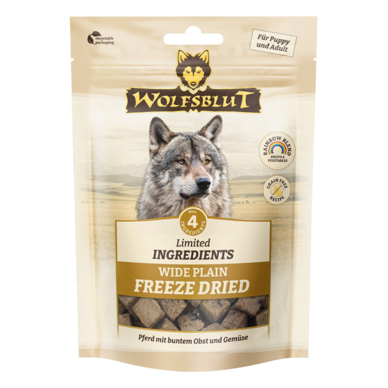 WOLFSBLUT Limited INGREDIENTS WIDE PLAIN FREEZE DRIED SNACK WOLFSBLUT Limited INGREDIENTS FREEZE DRIED SNACK: Begrenzt auf 4 Zutaten für ernährungssensitive Hunde - und auch für alle anderen! Willkommen in der Welt von WOLFSBLUT WIDE PLAIN Limited INGREDIENTS FREEZE DRIED SNACK – dem Snack