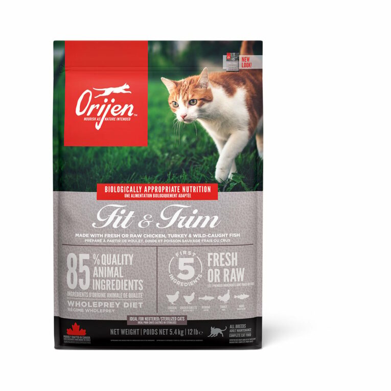 Orijen Cat Fit & Trim Trockenfutter ohne Getreidezusatz und mit wenig Fett und Kohlenhydraten.