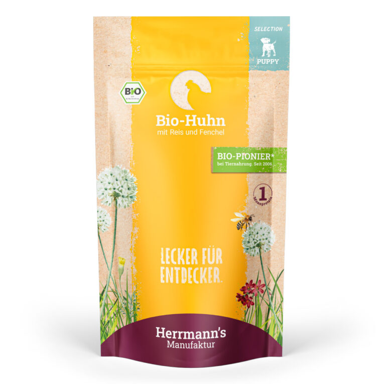 Herrmann's Selection Puppy Bio Huhn mit Reis und Fenchel Was ist drin ? 60 % Bio-Huhn