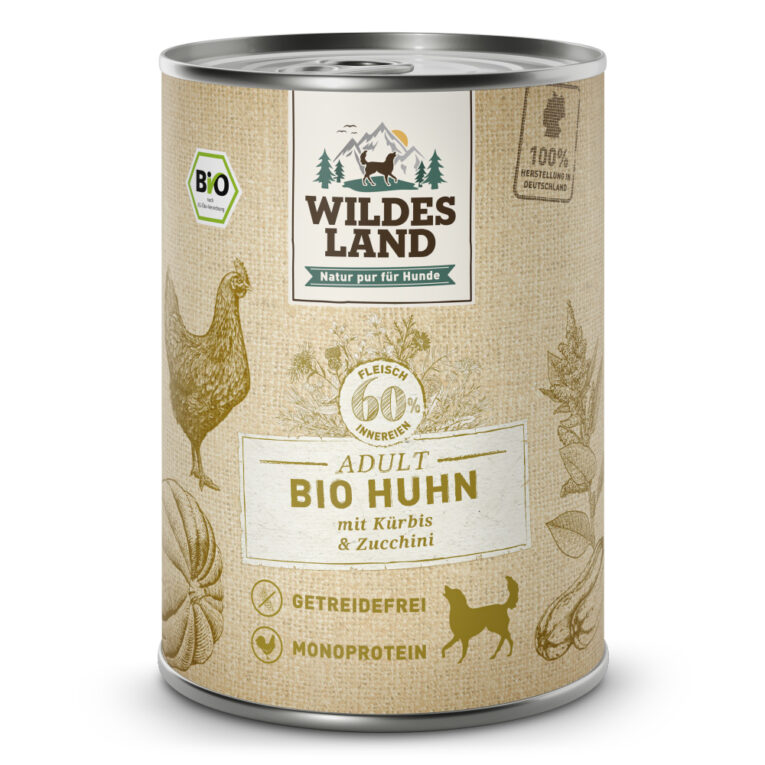 Wildes Land – Nassfutter – Bio Huhn mit Kürbis & Zucchini Alleinfuttermittel für ausgewachsene Hunde Für das Wohlbefinden und die Gesundheit Ihres Hundes ist eine ausgewogene Ernährung mit hochwertigen Proteinen unerlässlich. Das Bio-Nassfutter Wildes Land Huhn stammt aus kontrolliert biologischer Landwirtschaft und basiert auf der Ursprünglichkeit und Kraft der Natur. Deshalb enthält die Sorte Huhn kein Getreide und nur eine hochwertige Proteinquelle für eine artgerechte Ernährung. Mit einem Gesamtanteil an Fleisch und Innereien von 60 % besitzt es eine ausgezeichnete Akzeptanz und Verträglichkeit. Ergänzt wird die Rezeptur mit Amaranth