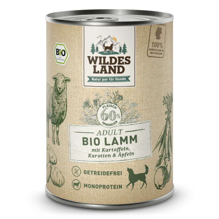 Wildes Land – Nassfutter – Bio Lamm mit Kartoffeln Alleinfuttermittel für ausgewachsene Hunde Für das Wohlbefinden und die Gesundheit Ihres Hundes ist eine ausgewogene Ernährung mit hochwertigen Proteinen unerlässlich. Das Bio-Nassfutter Wildes Land Lamm stammt aus kontrolliert biologischer Landwirtschaft und basiert auf der Ursprünglichkeit und Kraft der Natur. Deshalb enthält die Sorte Lamm kein Getreide und nur eine hochwertige Proteinquelle für eine artgerechte Ernährung. Mit einem Gesamtanteil an Fleisch und Innereien von 60 % besitzt es eine ausgezeichnete Akzeptanz und Verträglichkeit. Ergänzt wird die Rezeptur mit Kartoffeln