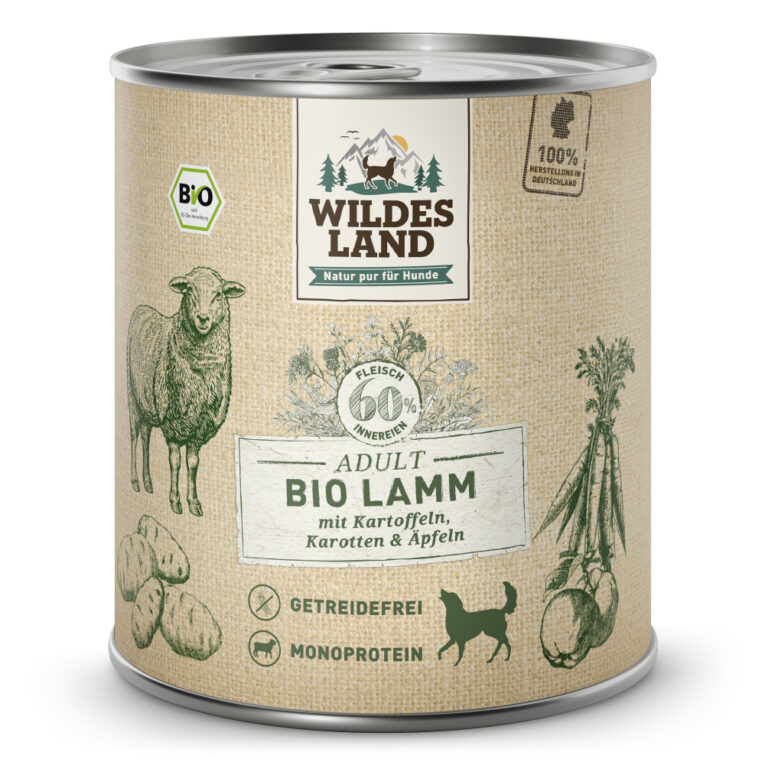 Wildes Land – Nassfutter – Bio Lamm mit Kartoffeln Alleinfuttermittel für ausgewachsene Hunde Für das Wohlbefinden und die Gesundheit Ihres Hundes ist eine ausgewogene Ernährung mit hochwertigen Proteinen unerlässlich. Das Bio-Nassfutter Wildes Land Lamm stammt aus kontrolliert biologischer Landwirtschaft und basiert auf der Ursprünglichkeit und Kraft der Natur. Deshalb enthält die Sorte Lamm kein Getreide und nur eine hochwertige Proteinquelle für eine artgerechte Ernährung. Mit einem Gesamtanteil an Fleisch und Innereien von 60 % besitzt es eine ausgezeichnete Akzeptanz und Verträglichkeit. Ergänzt wird die Rezeptur mit Kartoffeln