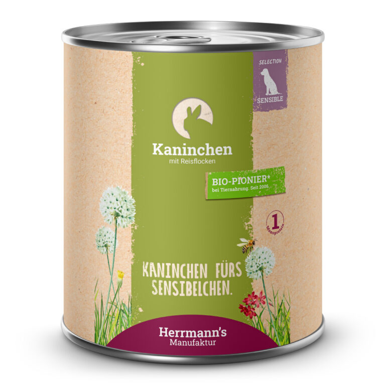 Kaninchen mit Reisflocken Alleinfuttermittel für ausgewachsene Hunde Was ist drin? 50 % Kaninchen in freier Wildbahn nachhaltig gejagt. Kaninchen ist proteinreich und zugleich kalorienarm. Auch für Hunde mit Unverträglichkeit geeignet. Tapiokamehl liefert Ballaststoffe und ist gut verträglich. Weitere wertvolle Nährstoffe liefern Bierhefe (für B-Vitamine)