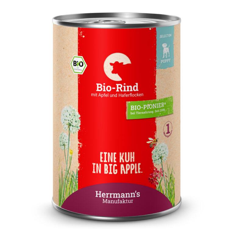 Bio Rind mit Apfel und Haferflocken Alleinfuttermittel für heranwachsene Hunde Was ist drin? 60 % Bio-Rind mit hochwertigen Proteinen für kleine Racker. Haferflocken bieten pflanzliches Protein