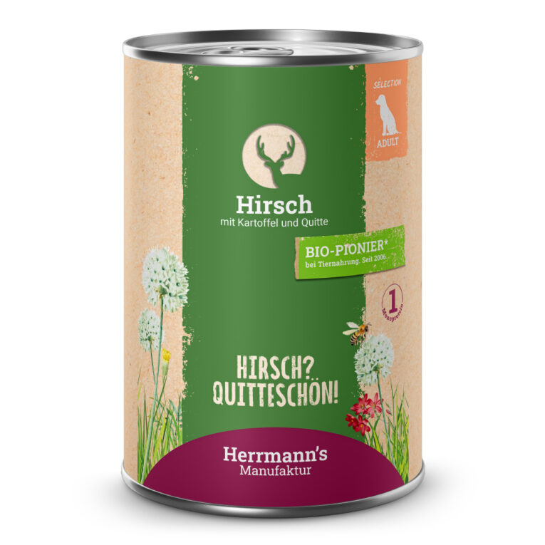 Hirsch mit Kartoffel und Quitte Alleinfuttermittel für ausgewachsene Hunde Was ist drin? 50 % Hirsch /Reh (gilt als eine Proteinquelle)