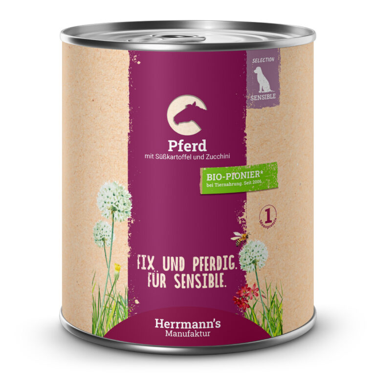 Pferd mit Süßkartoffel und Zucchini Alleinfuttermittel für ausgewachsene Hunde Was ist drin? 50 % Pferd mit bekömmlicher und nährstoffreicher Süßkartoffel. Das Menü ist ein Klassiker für Hunde mit Allergien oder Intoleranzen