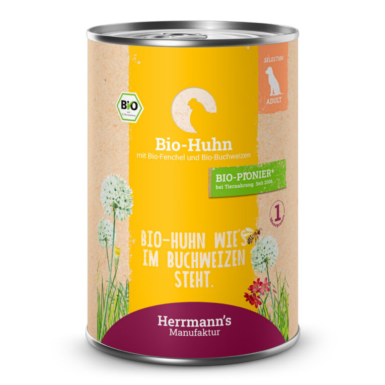 Bio-Huhn mit Fenchel und Buchweizen Alleinfuttermittel für ausgewachsene Hunde Was ist drin? 50 % Bio-Huhn