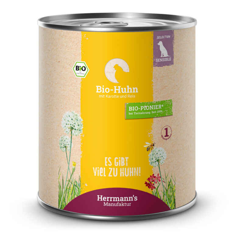 Bio-Huhn mit Karotte und Reis Alleinfuttermittel für ausgewachsene Hunde Was ist drin? 50 % Bio-Huhn