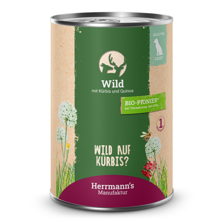 Wild mit Kürbis und Quinoa Alleinfuttermittel für ausgewachsene Hunde Was ist drin? 50 % Hirsch /Reh (gilt als eine Proteinquelle)