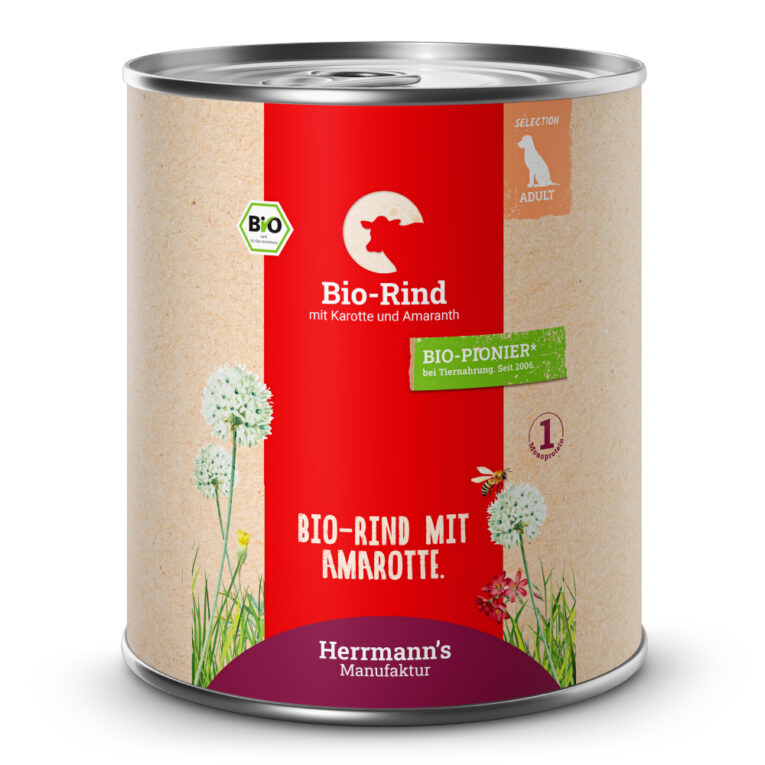 Bio Rind mit Karotten und Amaranth Alleinfuttermittel für ausgewachsene Hunde Was ist drin? 50 % Bio-Rind