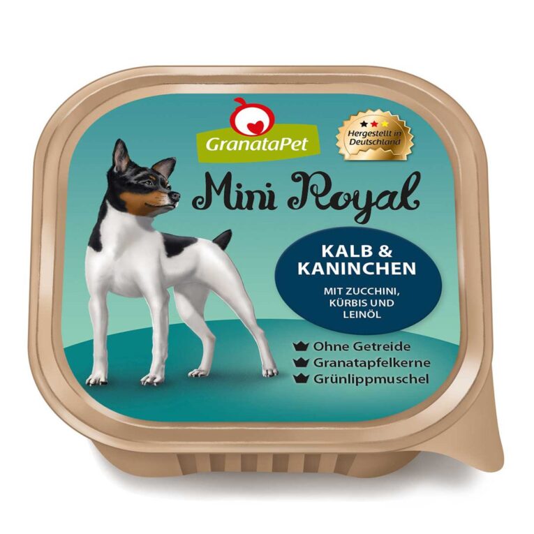 Das GranataPet Mini Royal Kalb und Kaninchen ist ein weizenfreies Alleinfuttermittel für ausgewachsene Hunde kleiner Rassen.
