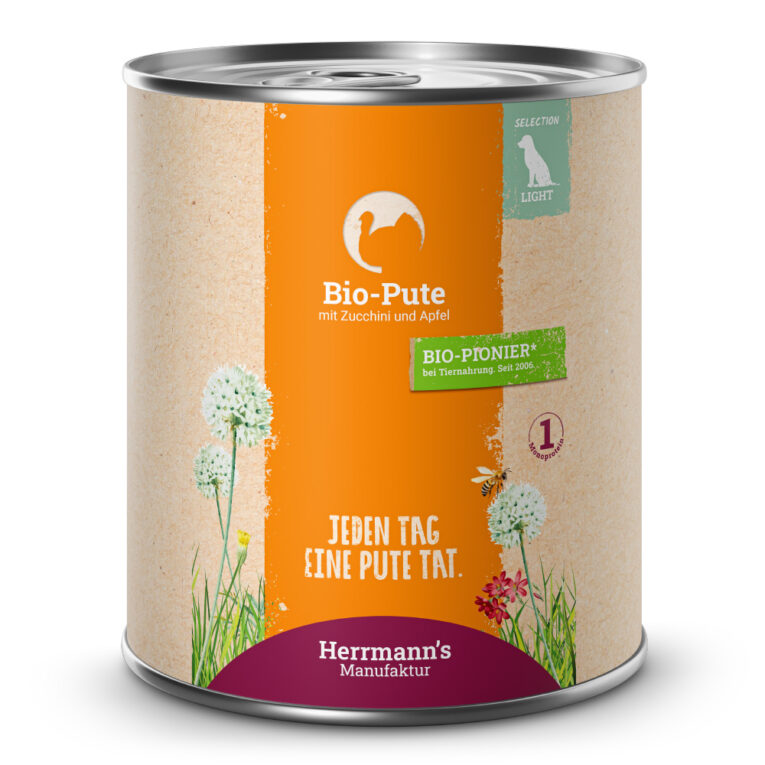 Bio Pute mit Zucchini und Apfel Alleinfuttermittel für ausgewachsene Hunde Was ist drin? 50 % Bio-Pute