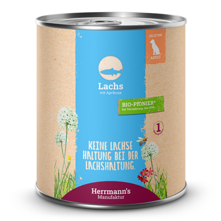 Herrmann's Selection Adult Lachs mit Aprikose Alleinfuttermittel für ausgewachsene Hunde Was ist drin? 50 % Lachs aus nachhaltigem Fischfang mit wichtigen Omega-3-Fettsäuren. Aprikosen liefern Kalium und Carotin (die Vorstufe zu Vitamin A). Die Powersamen Chia liefern wertvolle und lebensnotwendige Vitalstoffe. Ergänzt wird das Menü mit Bierhefe (für B-Vitamine)