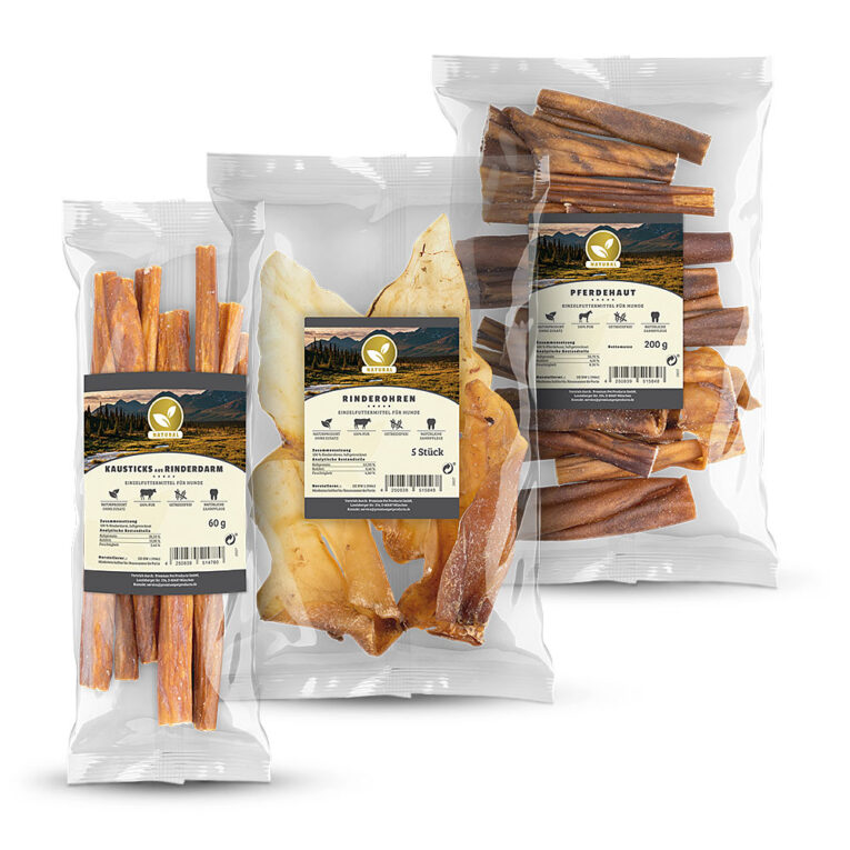 Natural Snack Probierpaket Hund - jetzt sichern! Snack 1: Natural Rinderohren 5 Stück Die Natural Rinderohren stellen einen herzhaften Leckerbissen für jeden Hund dar. Sie sind ein nahrhafter und leicht verdaulicher Snack für zwischendurch. Die Rinderohren sind fettarm und frei von chemischen Zusätzen und Zusatzstoffen wie z.B. Zucker. Dieser Snack entspricht