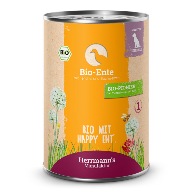 Bio-Ente mit Fenchel und Buchweizen Alleinfuttermittel für ausgewachsene Hunde Was ist drin? 50 % Bio-Ente