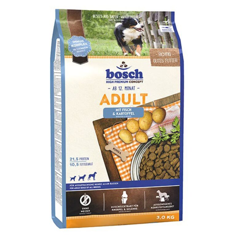 Hunde-Trockenfutter von Bosch mit Vitaminen. Wohlschmeckender Fisch macht deinem Hund Appetit. Das Futter ist speziell auf die Bedürfnisse von ausgewachsenen Hunden angepasst.