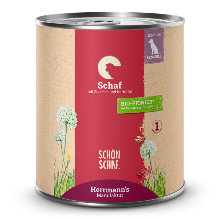 Schaf mit Zucchini und Kartoffeln Alleinfuttermittel für ausgewachsene Hunde Was ist drin? 50 % Schaf aus artgerechter Haltung als gut verträgliche Fleischalternative