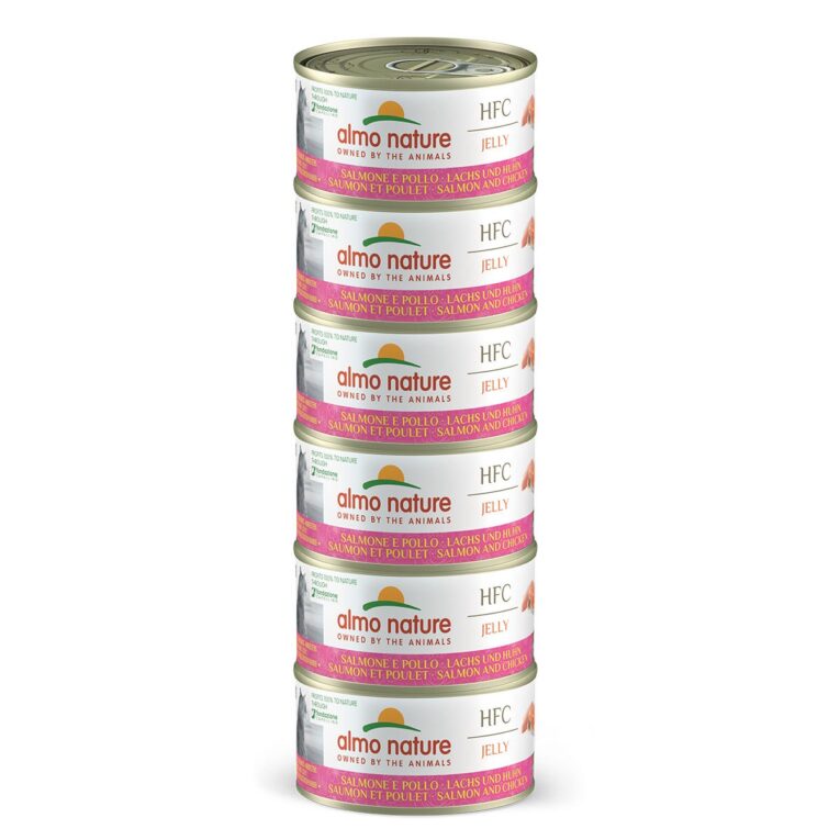 Ergänzungsfuttermittel für deine Katze von Almo Nature mit leckerem Lachs und Huhn in Gelee für ein besonderes Geschmackserlebnis.