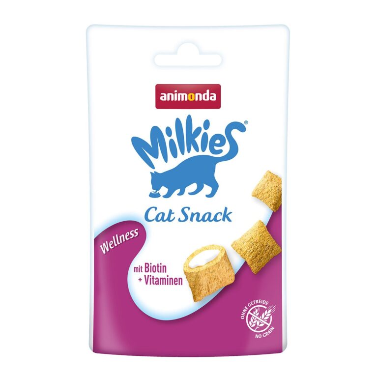 Animonda Milkies Knusperkissen Wellness mit Biotin und Vitaminen sind ein speziell für die Pflege von Haut und Fell optimierter Leckerbissen für Katzen.