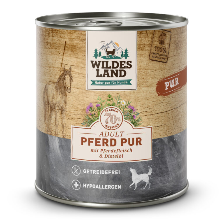 Wildes Land – Nassfutter – Pferd PUR mit Distelöl Alleinfuttermittel für ausgewachsene Hunde Für das Wohlbefinden und die Gesundheit Ihres Hundes ist eine ausgewogene Ernährung mit hochwertigen Proteinen unerlässlich. Das Nassfutter von Wildes Land basiert auf der Ursprünglichkeit und Kraft der Natur. Deshalb enthält die Sorte Pferd Pur von Wildes Land kein Getreide und nur eine hochwertige Proteinquelle für eine artgerechte Ernährung und ist zudem für sensible Hunde hervorragend geeignet. Mit einem Gesamtanteil an Muskelfleisch und Innereien von mehr als 70 % besitzt es eine ausgezeichnete Akzeptanz und Verträglichkeit. Ergänzt wird die Rezeptur nur mit wertvollem Distelöl – kombiniert nach den neuesten wissenschaftlichen Erkenntnissen. Mit dem Wildes Land Nassfutter Pferd Pur wird Ihr Hund mit allen wichtigen Nährstoffen und Vitaminen versorgt