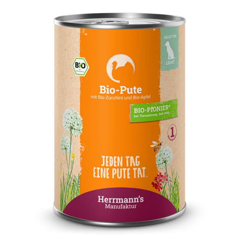 Bio Pute mit Zucchini und Apfel Alleinfuttermittel für ausgewachsene Hunde Was ist drin? 50 % Bio-Pute