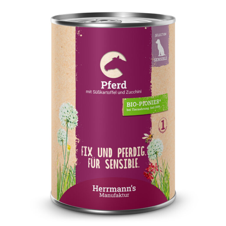 Pferd mit Süßkartoffel und Zucchini Alleinfuttermittel für ausgewachsene Hunde Was ist drin? 50 % Pferd mit bekömmlicher und nährstoffreicher Süßkartoffel. Das Menü ist ein Klassiker für Hunde mit Allergien oder Intoleranzen