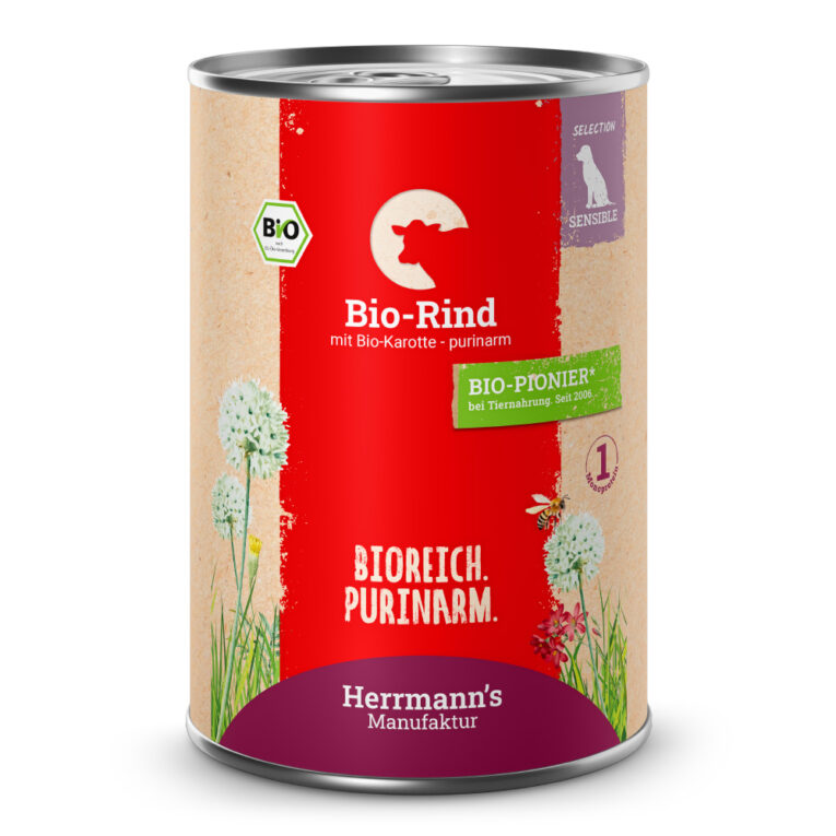 Bio Rind mit Karotten - purinarm Alleinfuttermittel für ausgewachsene Hunde Was ist drin? Zur Vermeidung von Purinen verwenden wir nur Muskelfleisch und keine Innereien