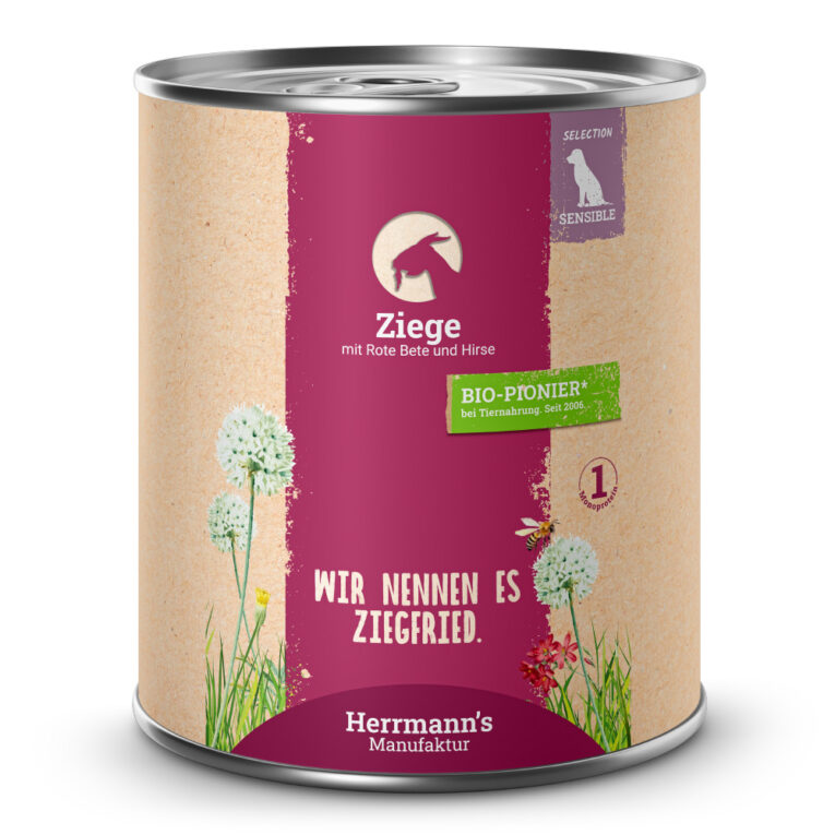 Ziege mit rote Beete und Hirse Alleinfuttermittel für ausgewachsene Hunde Was ist drin? 50 % Ziege (Muskelfleisch