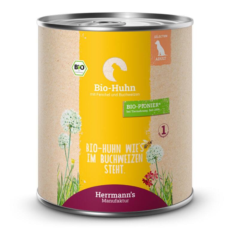 Bio-Huhn mit Fenchel und Buchweizen Alleinfuttermittel für ausgewachsene Hunde Was ist drin? 50 % Bio-Huhn