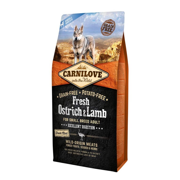Alleinfuttermittel mit frischem Fleisch für ausgewachsene Hunde kleiner Rassen. Mit Strauß und Lamm..