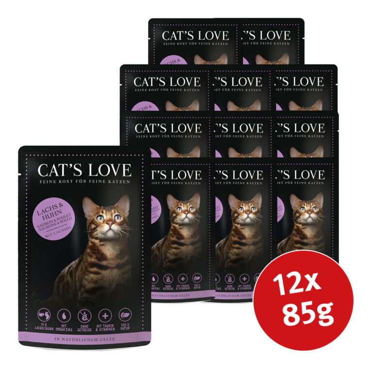 Das Cat's Love Nassfutter Lachs & Huhn mit Petersilie & Lachsöl bietet eine schmackhafte Kombination aus zwei Proteinquellen.
