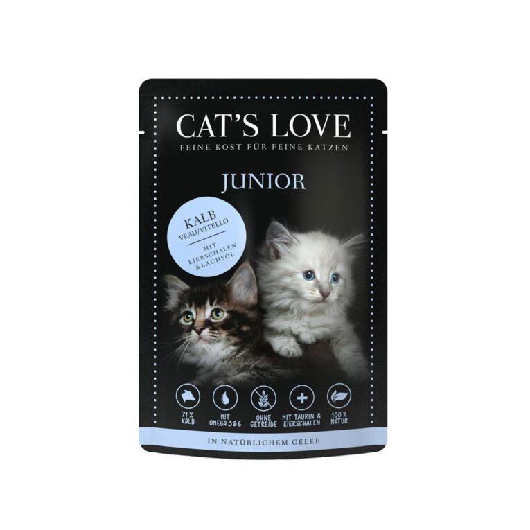 Das Cat's Love Nassfutter Junior Kalb mit Eierschalen & Lachsöl hat einen hohen Fleischanteil und deckt somit den hohen Energie- und Nährstoffbedarf junger Katzen.
