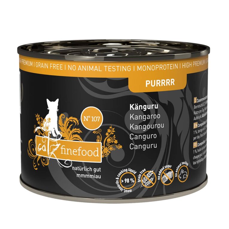 Getreidefreies Nassfutter von Catz Finefood ohne Farbstoffe. Mit aromatischem Känguru für den feinen Gaumen. Das Futter ist speziell auf die Bedürfnisse von ausgewachsenen Katzen angepasst.
