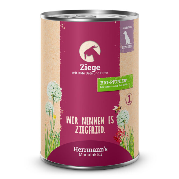 Ziege mit rote Beete und Hirse Alleinfuttermittel für ausgewachsene Hunde Was ist drin? 50 % Ziege (Muskelfleisch