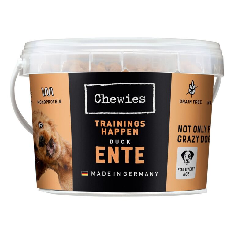 Getreidefreier Snack von Chewies ohne Zucker. Mit hochwertigem Geflügel für kleine Feinschmecker. Der Snack ist für Hunde aller Lebensphasen zu empfehlen.