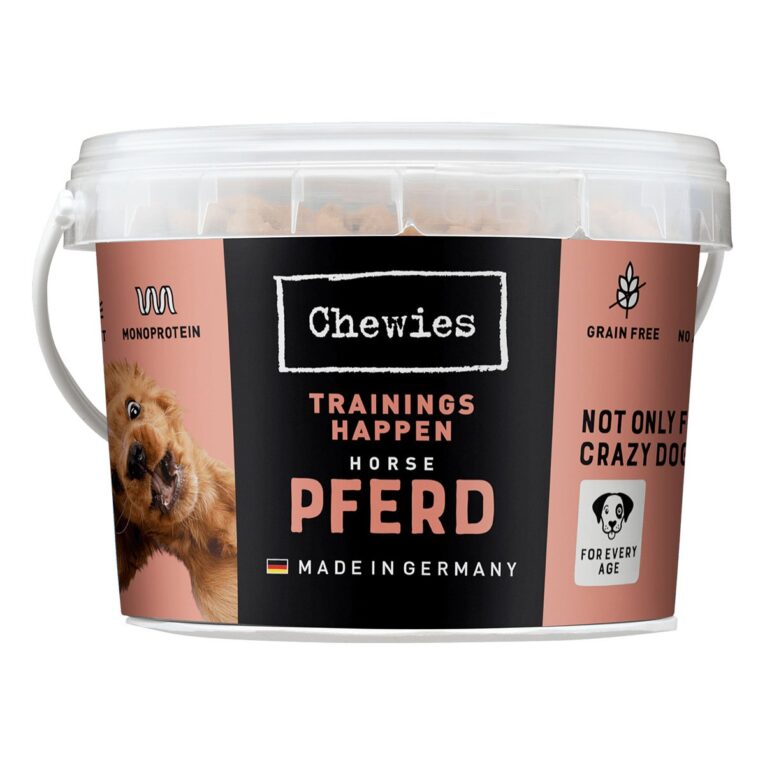 Getreidefreier Snack von Chewies ohne Zucker. Mit wohlschmeckendem Pferd für ein besonderes Geschmackserlebnis. Der Snack ist für Hunde aller Lebensphasen zu empfehlen.