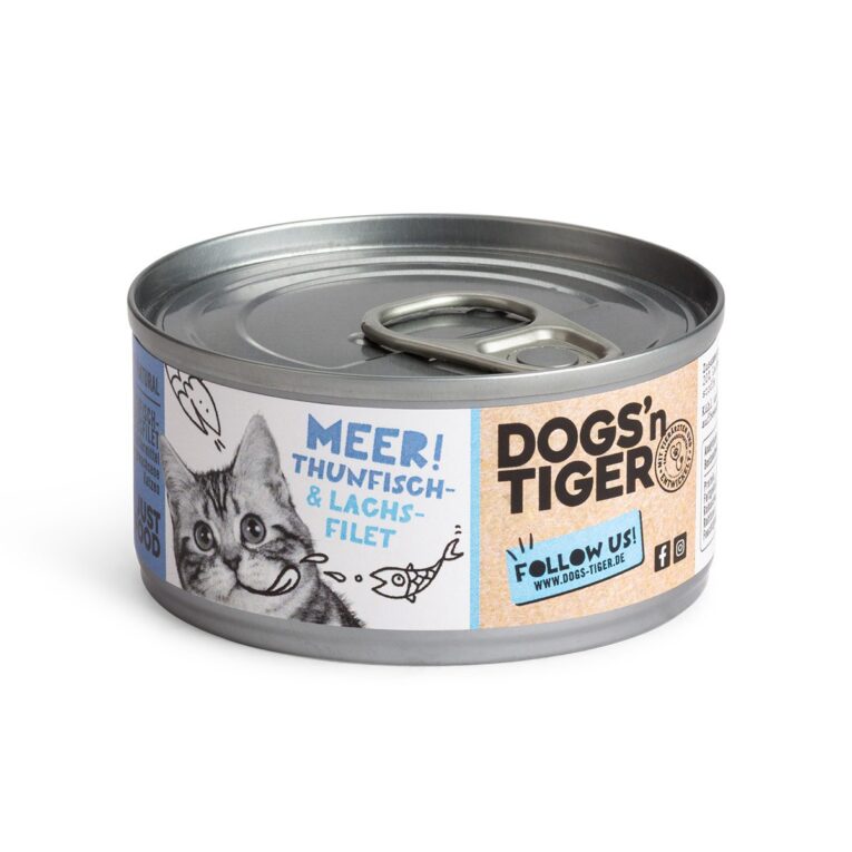 Natürliches Premium Katzenfutter von Dogs'n Tiger für deine Fellnase. Von dem feinsten Thunfisch- und Lachsfilet will Deine Katze definitiv Meer! Natürlich ohne Getreide- und Zuckerzusatz.